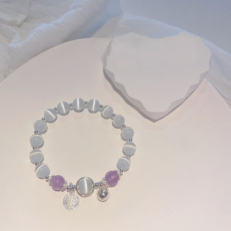 Buddha Stones Cat's Eye Amethyst Fu Character Bell Charm Support Bracelet Bracelet BS 3