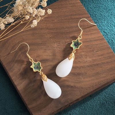 Buddha Stones FengShui White Jade Luck Drop Earrings Earrings BS 14