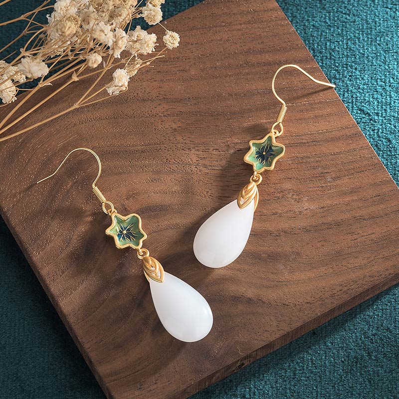 Buddha Stones FengShui White Jade Luck Drop Earrings Earrings BS 14