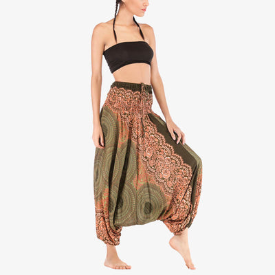 Buddha Stones Two Style Wear Round Geometric Pattern Loose Smocked Harem Trousers Jumpsuit High Waist Women's Yoga Pants Harem Pants&Bodysuit BS 41