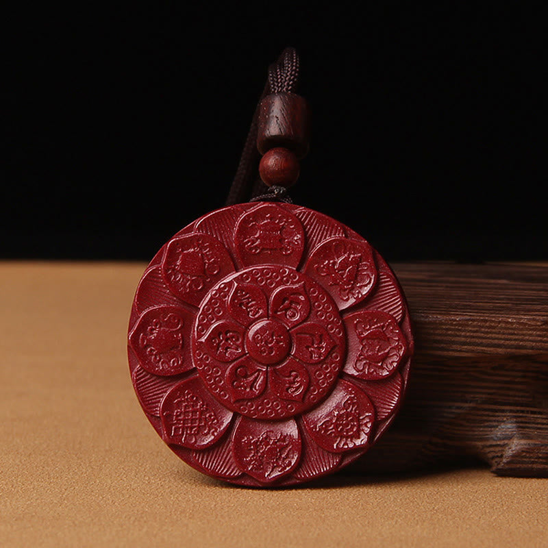 Buddha Stones Natural Cinnabar Lotus Om Mani Padme Hum Blessing Necklace String Pendant Necklaces & Pendants BS Round Shape Cinnabar