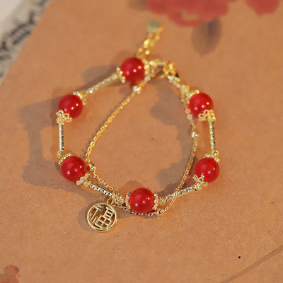 Buddha Stones Red Agate Fu Character Charm Self-acceptance Bracelet Bracelet BS Red Agate(Confidence♥Calm)(Wrist Circumference 14-16cm)