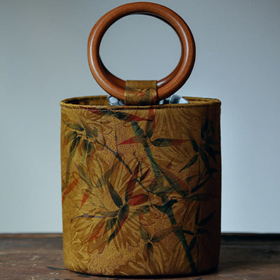 Buddha Stones Bamboo Leaf Butterfly Cherry Blossom Persimmon Wood Handle Handbag Handbags BS 1