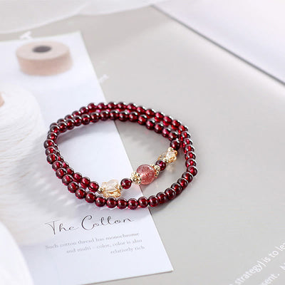Buddha Stones 14K Gold Plated Natural Garnet Strawberry Quartz Butterfly Protection Double Wrap Bracelet Bracelet BS 4