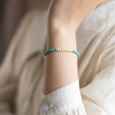 Buddha Stones 925 Sterling Silver Natural Turquoise Pearl Beaded Bracelet Bracelet BS 15
