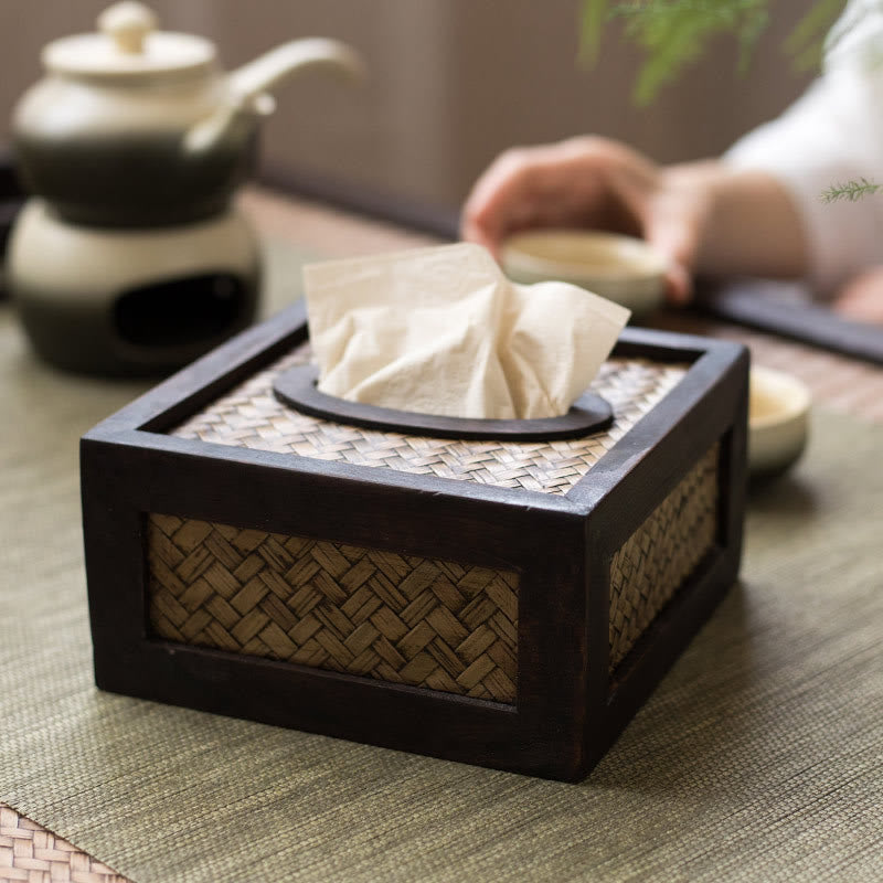 Buddha Stones Handmade Bamboo Woven Wood Tissue Box Wooden Tissue Holder Wipes Boxes Decoration Decorations BS 3