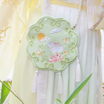 Buddha Stones Luck Embroidery Lotus Koi Fish Rabbit Flower Hanfu Bag Crossbody Bag Shoulder Bag Bag BS Green Flower Rabbit