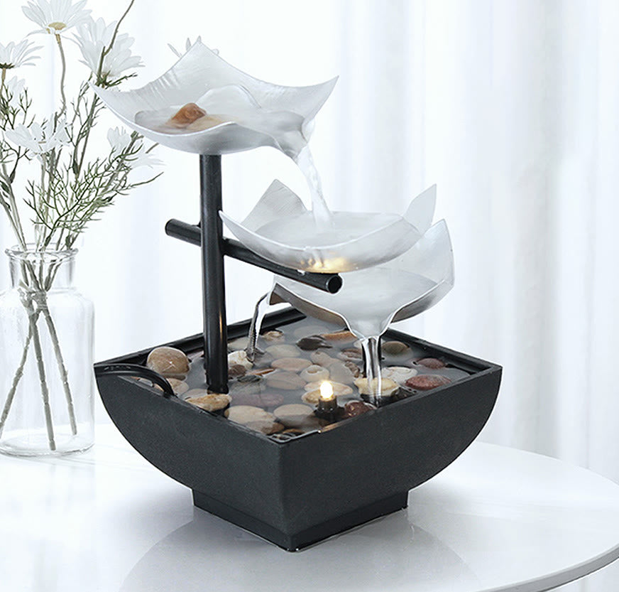 Buddha Stones Three Layers Waterfall Fountain Tabletop Lotus Ornaments With River Rocks Desktop Decoration Decorations BS 5