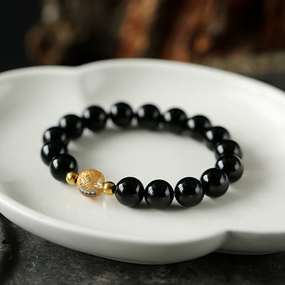 Buddha Stones Natural Black Obsidian White Crystal Black Onyx Dragon Strength Bracelet Bracelet BS Black Onyx(Wrist Circumference 14-16cm)