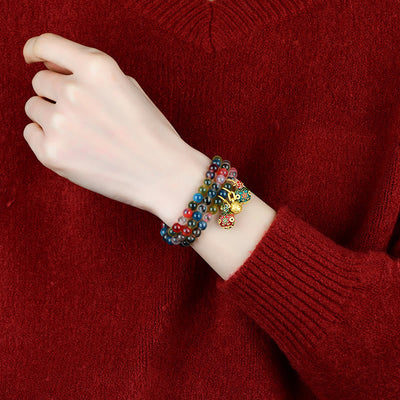 Buddha Stones Colorful Candy Agate Gold Swallowing Beast Family Strength Charm Triple Wrap Bracelet Bracelet BS 8