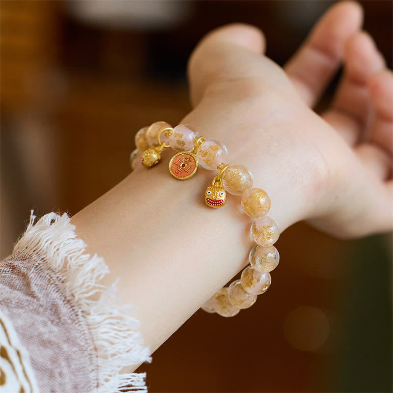 Buddha Stones Gold Swallowing Beast Copper Coin Good Luck Charm Liuli Glass Bead Fortune Bracelet Bracelet BS Light Pink Liuli Glass Bead(Wrist Circumference 14-16cm)