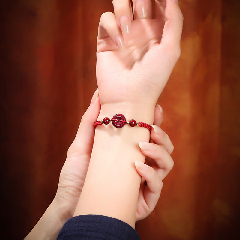 Buddha Stones Natural Cinnabar Peace Buckle Blessing String Bracelet Bracelet BS 3