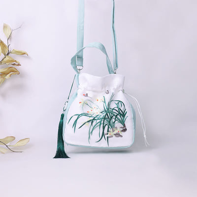 Buddha Stones Suzhou Embroidery Rabbit Lotus Epiphyllum Peony Magnolia Silk Tote Crossbody Bag Shoulder Bag Handbag Crossbody Bag BS 21