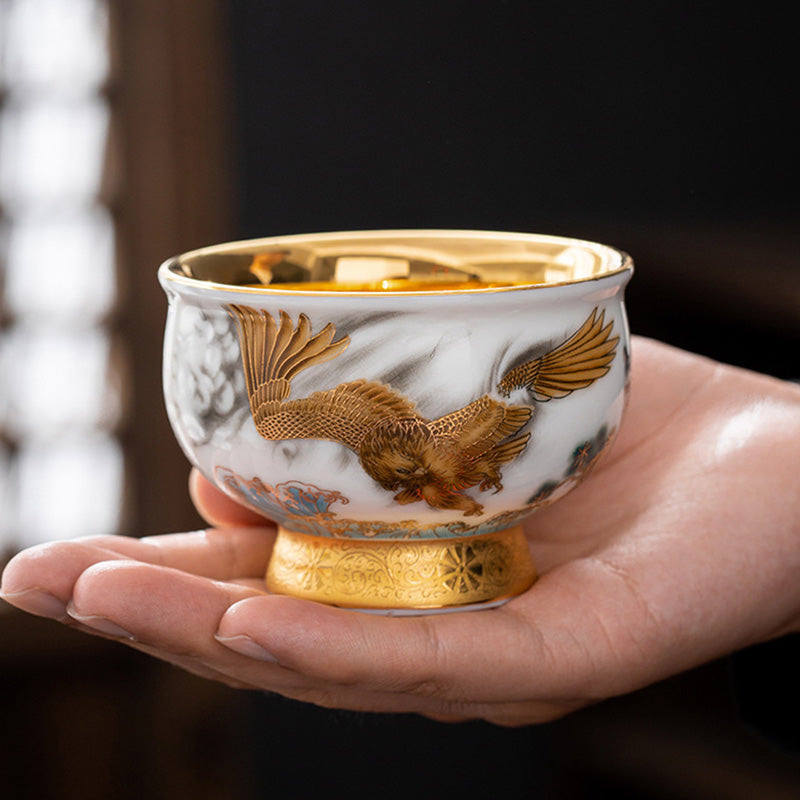 Buddha Stones Golden Eagle Auspicious Dragon Sun Ocean Waves Gilt Ceramic Teacup Kung Fu Tea Cup Cup BS Golden Eagle 8.6cm*6.1cm*180ml