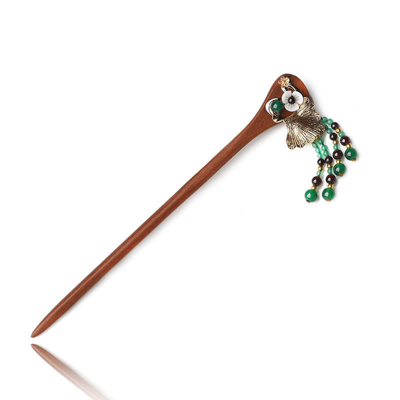 Buddha Stones Red Sandalwood Green Agate Ginkgo Leaf Protection Hairpin Hairpin BS 8