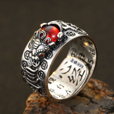 Buddha Stones FengShui PiXiu Red Garnet Heart Sutra Wealth Ring Ring BS 3
