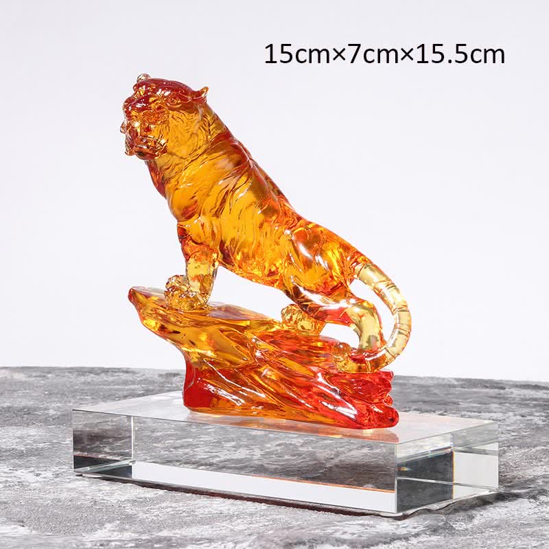 Buddha Stones Handmade Liuli Crystal Tiger Art Piece Protection Home Decoration Decorations BS Orange&Base