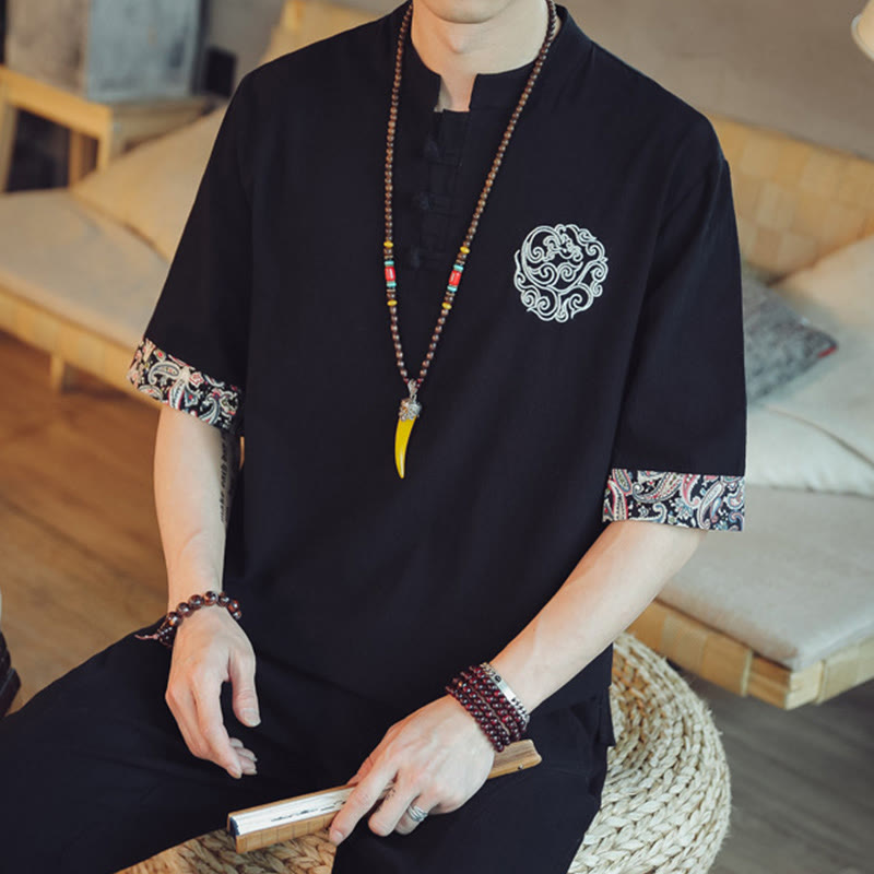 Buddha Stones Frog-Button Dragon Embroidery Chinese Tang Suit Short Sleeve Shirt Linen Men Clothing Men's Shirts BS 31