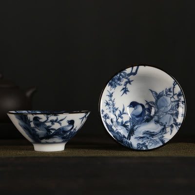 Buddha Stones Flowers Fu Character Mountains Lotus Cherry Blossoms Ceramic Teacup Kung Fu Tea Cup Cup BS Blue Bird Branches 8.5cm*4cm*90ml