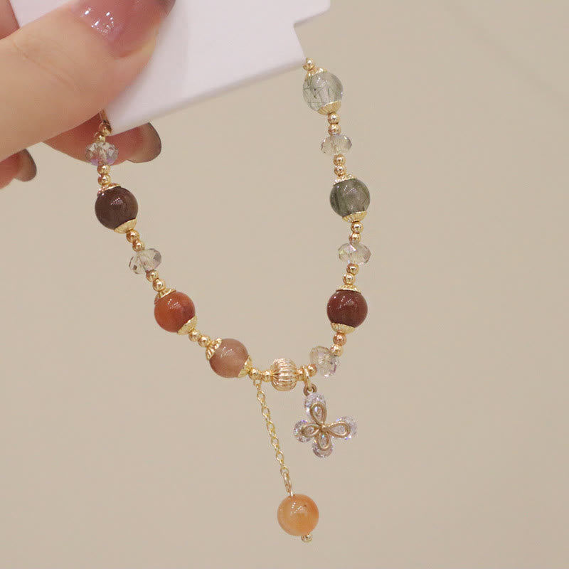 Buddha Stones Natural Fu Lu Shou Rainbow Crystal Rutilated Quartz Wealth Butterfly Charm Bracelet Bracelet BS 9