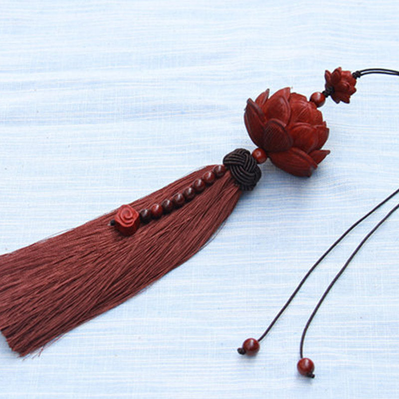 Buddha Stones Tibetan Small Leaf Red Sandalwood Lotus Luck Protection Tassel Decoration - image 12