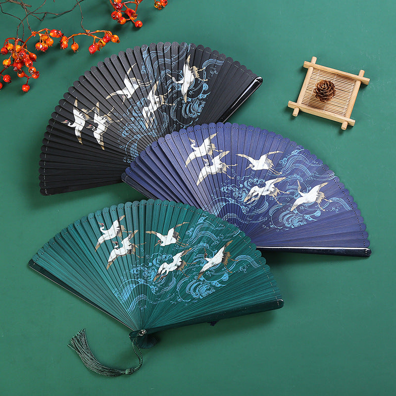 Buddha Stones Vintage Cloud Crane Maple Leaf Pattern Handheld Bamboo Folding Fan Folding Fan BS main