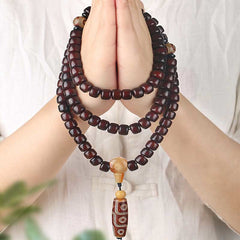 Bracelet de chance Foviel 108 perles Mala avec perle Dzi à trois yeux et perle Dzi à neuf yeux en jade