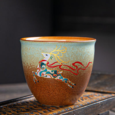 Buddha Stones Colorful Deer Pipa Snow Plum Blossoms Mountains Rivers Bird Ceramic Teacup Kung Fu Tea Cup Bowl Cup BS 7.5cm*6.5cm*150ml Colorful Deer