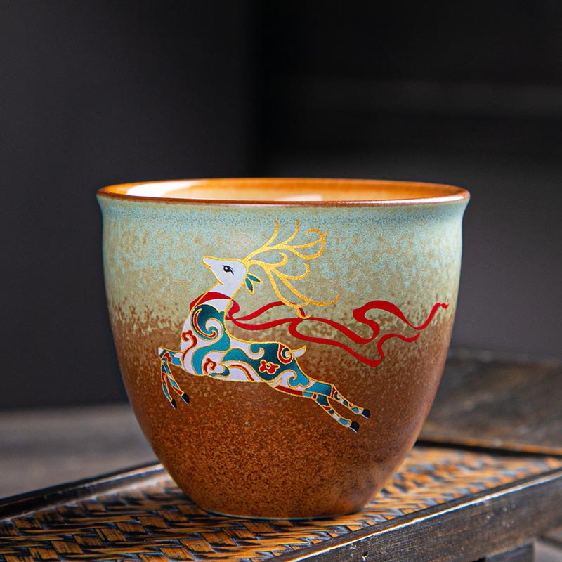 Buddha Stones Colorful Deer Pipa Snow Plum Blossoms Mountains Rivers Bird Ceramic Teacup Kung Fu Tea Cup Bowl Cup BS 7.5cm*6.5cm*150ml Colorful Deer