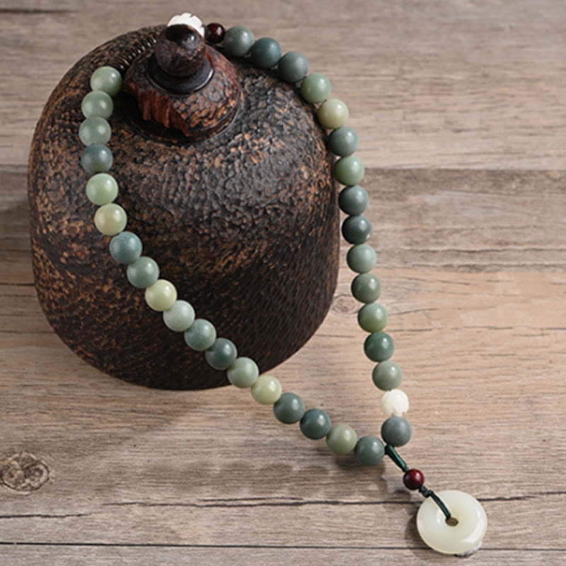 Buddha Stones Cyan Bodhi Seed Lotus Jade Peace Buckle Wisdom Double Wrap Bracelet Mala Bracelet BS 7