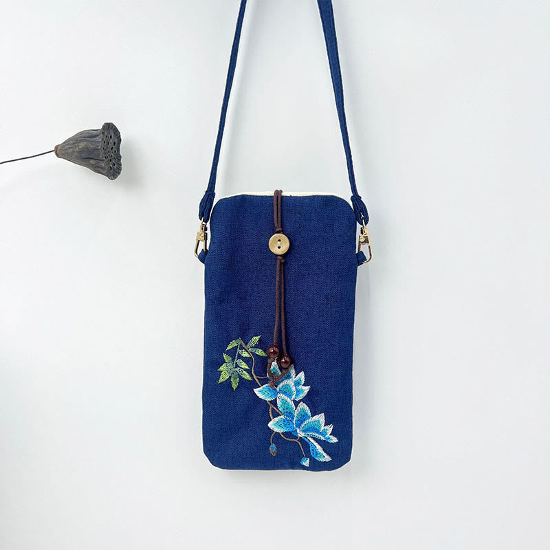 Buddha Stones Small Embroidered Flowers Crossbody Bag Shoulder Bag Cellphone Bag 11*20cm Crossbody Bag BS Navy Blue Magnolia 11*20cm