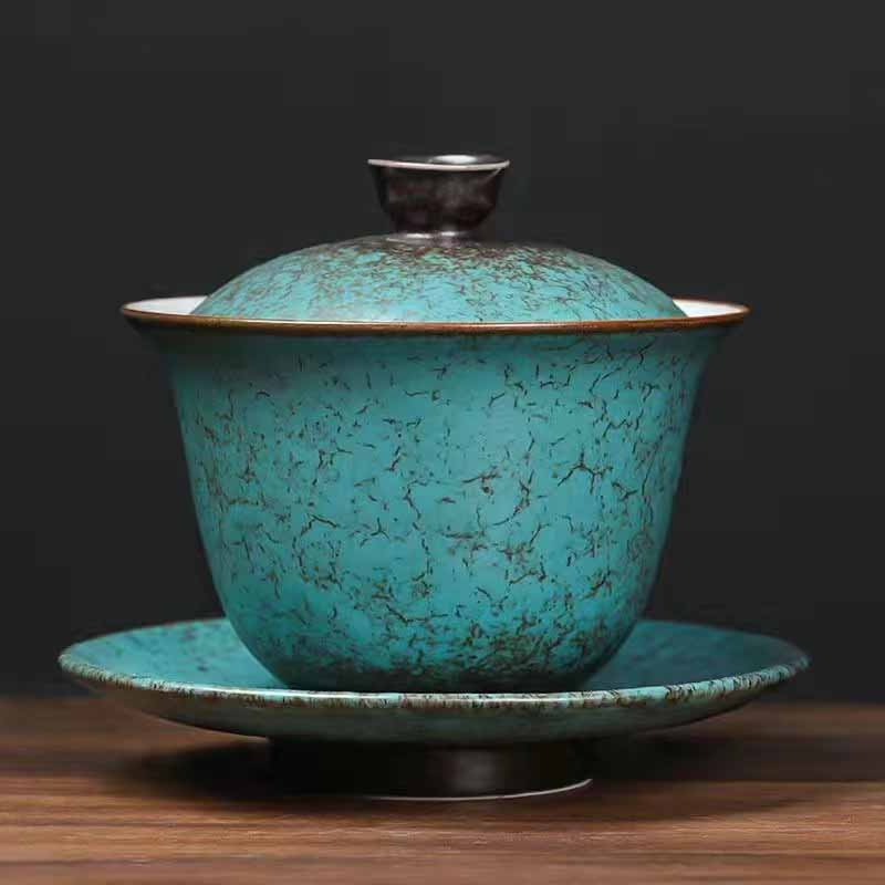 Buddha Stones Traditional Pine Tree Green Ceramic Gaiwan Sancai Teacup Kung Fu Tea Cup And Saucer With Lid Cup BS 1