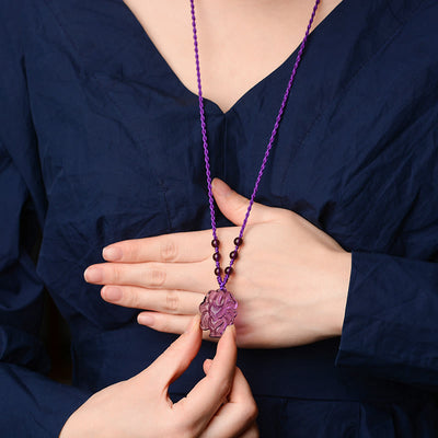 Buddha Stones Natural Amethyst White Crystal Citrine Nine Tailed Fox Luck Necklace Pendant Necklaces & Pendants BS 3