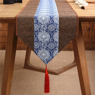 Buddha Stones Classic Chinese Style Lotus Koi Fish Flower Crane Calligraphy Enlightenment Cotton Linen Tassels Table Runner Table Runner BS Brown Blue And White Porcelain 30*180cm