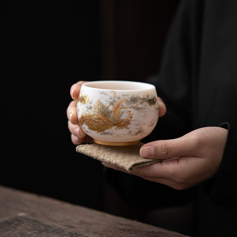 Tasse à thé en céramique Foviel Phoenix Dragon Lotus Deer Ancient Building Koi Fish pour thé Kung Fu