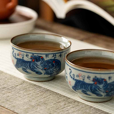 Buddha Stones Jingdezhen Hand Painted Cute Tiger Ceramic Teacup Kung Fu Tea Cup Bowl 140ml Cup BS 10