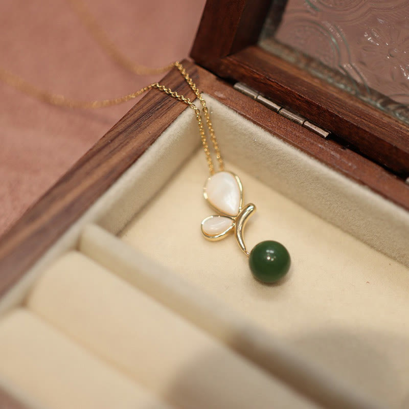 Buddha Stones Natural Butterfly Tridacna Stone Cyan Jade Copper Plated Gold Calm Necklace Pendant Ring Earrings Set Bracelet Necklaces & Pendants BS 3