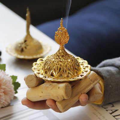 Buddha Stones Gold Alloy Healing Mini Incense Burner With Wooden Coaster Home Decor Incense Burner BS 4