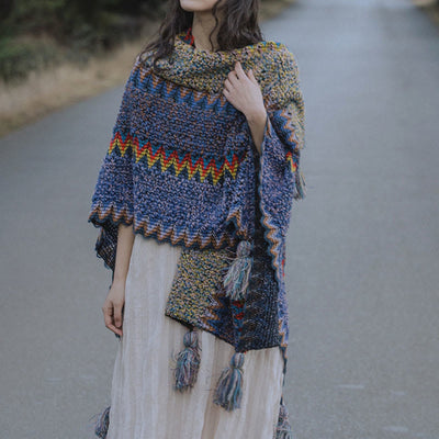 Buddha Stones Tibetan Shawl Soft Warm Knitting Cloak Winter Tibetan Tassel Scarf Tibetan Shawl BS 4