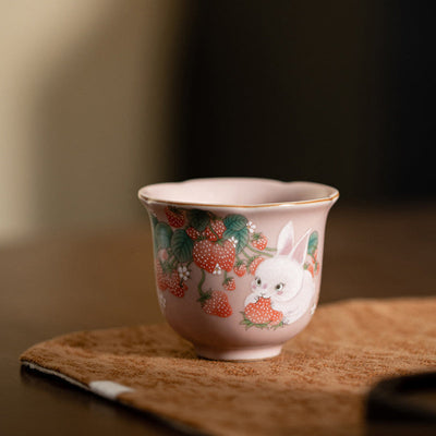 Buddha Stones Cute Strawberry Rabbit Flower Ceramic Teacup Kung Fu Tea Cup 55ml Cup BS 3