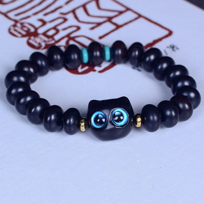 Buddha Stones Ebony Wood Liuli Glass Lovely Cat Peace Balance Bracelet Bracelet BS 1