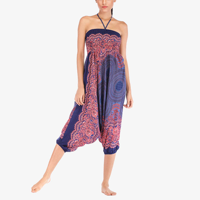 Buddha Stones Two Style Wear Round Geometric Pattern Loose Smocked Harem Trousers Jumpsuit High Waist Women's Yoga Pants Harem Pants&Bodysuit BS 16