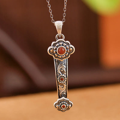 Buddha Stones 925 Sterling Silver Red Agate Cyan Jade Auspicious Clouds Ruyi Handle Blessing Necklace Pendant Necklaces & Pendants BS 3