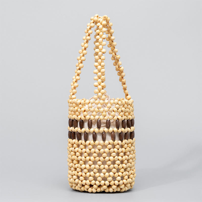 Buddha Stones Hand-woven Bucket Portable Wooden Beads Handbag Handbags BS Beige 12*12*17cm