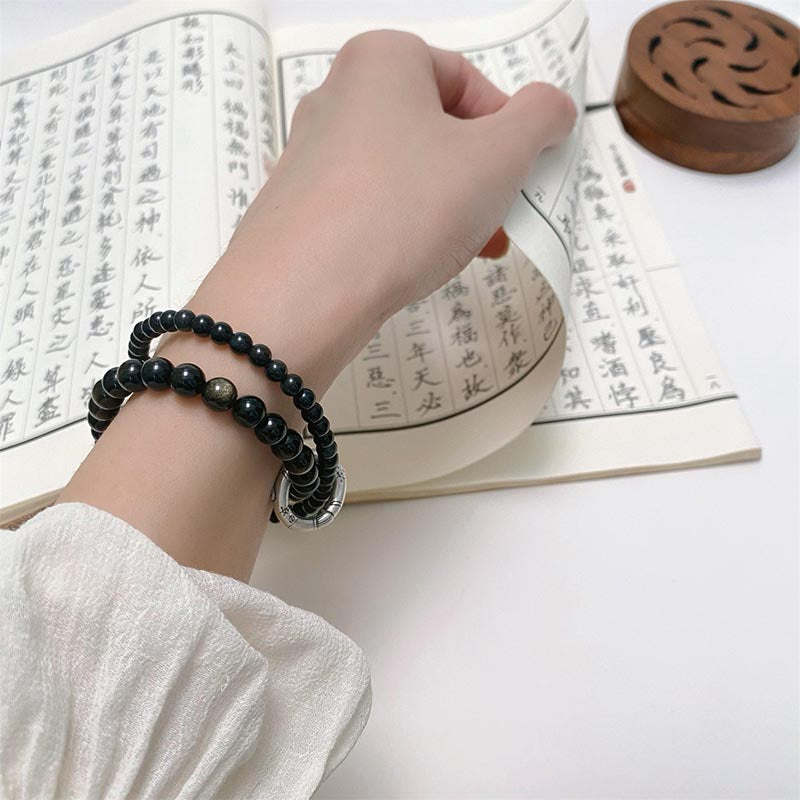 Buddha Stones 999 Sterling Silver Black Obsidian Fulfillment Strength Double Layer Bracelet Bracelet BS 7