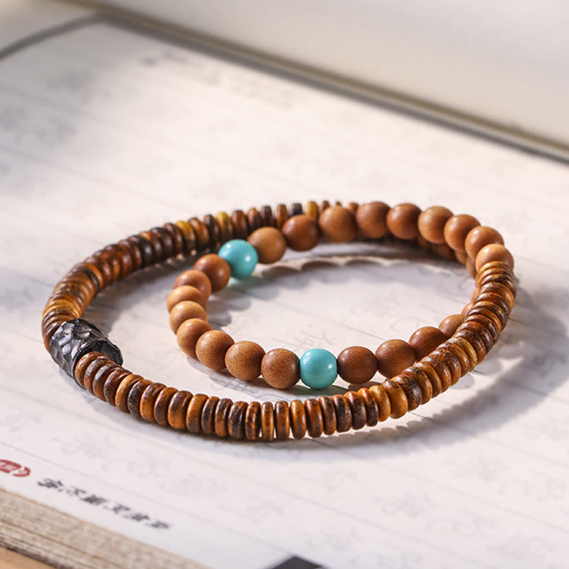 Bracelet double tour de protection Foviel en bois de santal et turquoise