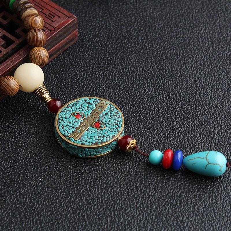 Buddha Stones Turquoise Dzi Bead Prayer Wheel Wenge Wood Meditation Necklace - image 1