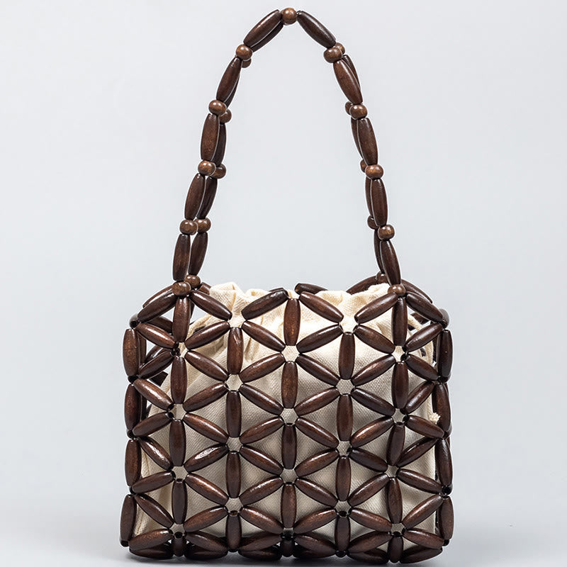 Buddha Stones Hand-woven Mini Wooden Beads Handbag Handbags BS Brown 16*3*14cm