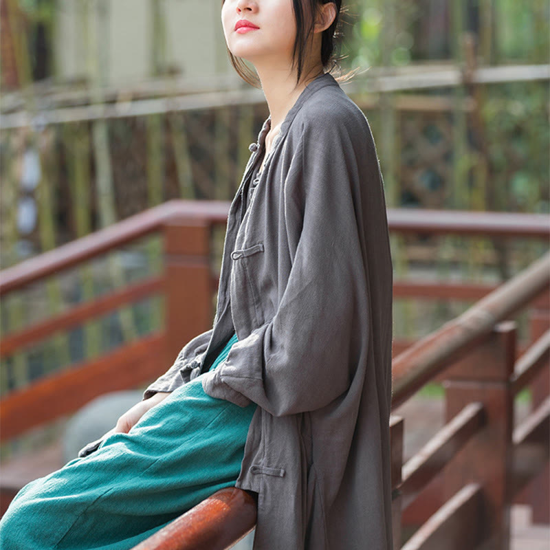 Buddha Stones Frog-Button Long Sleeve Zen Meditation Open Front Jacket With Pockets 19