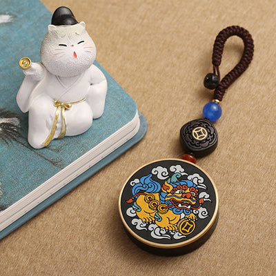 Buddha Stones PiXiu Copper Coin Ebony Wood Luck Attract Wealth Key Chain Decoration Key Chain BS 6